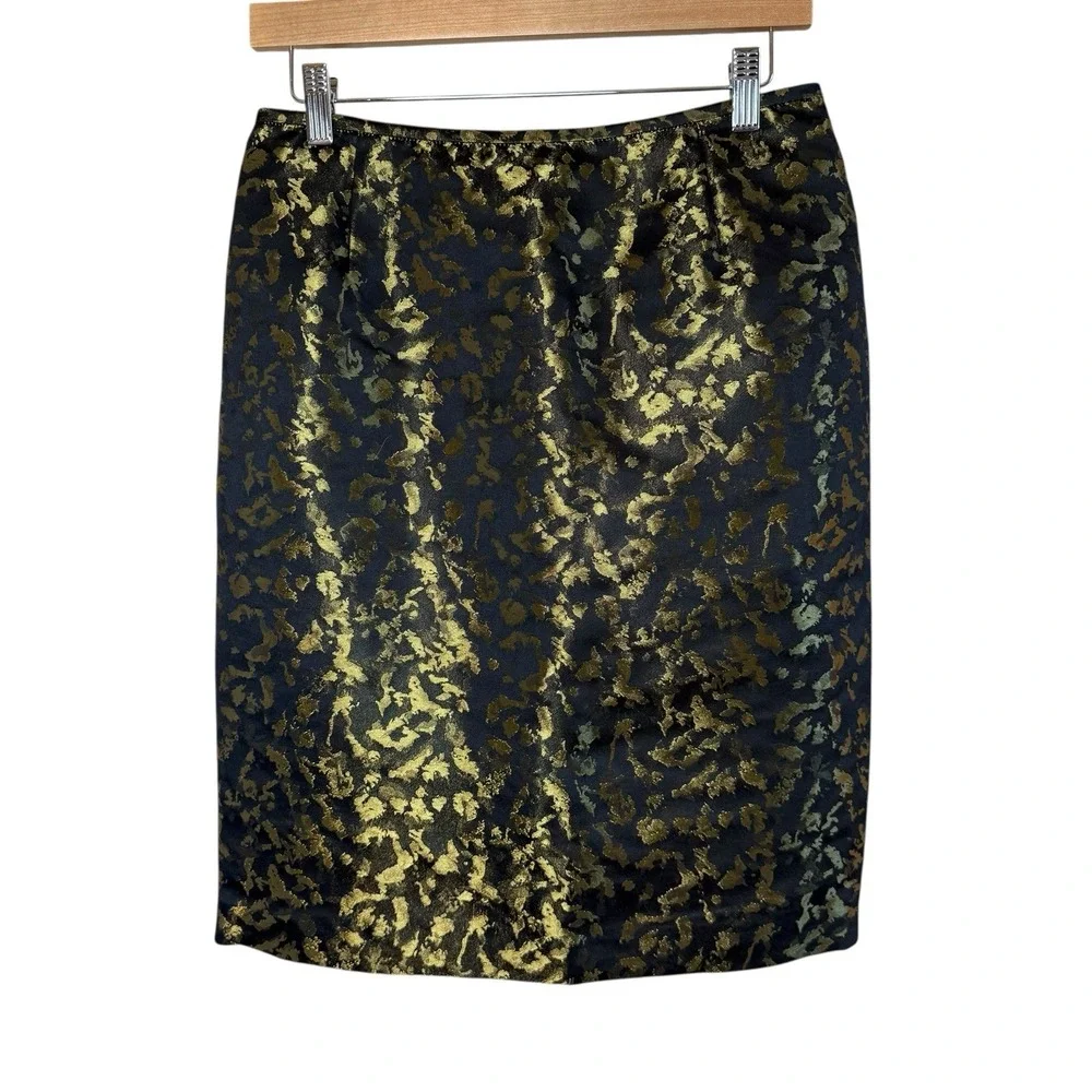 Vtg Kasper Black Gold Knee Length Jacquard Pencil Skirt Size 4P Glam Event Siren